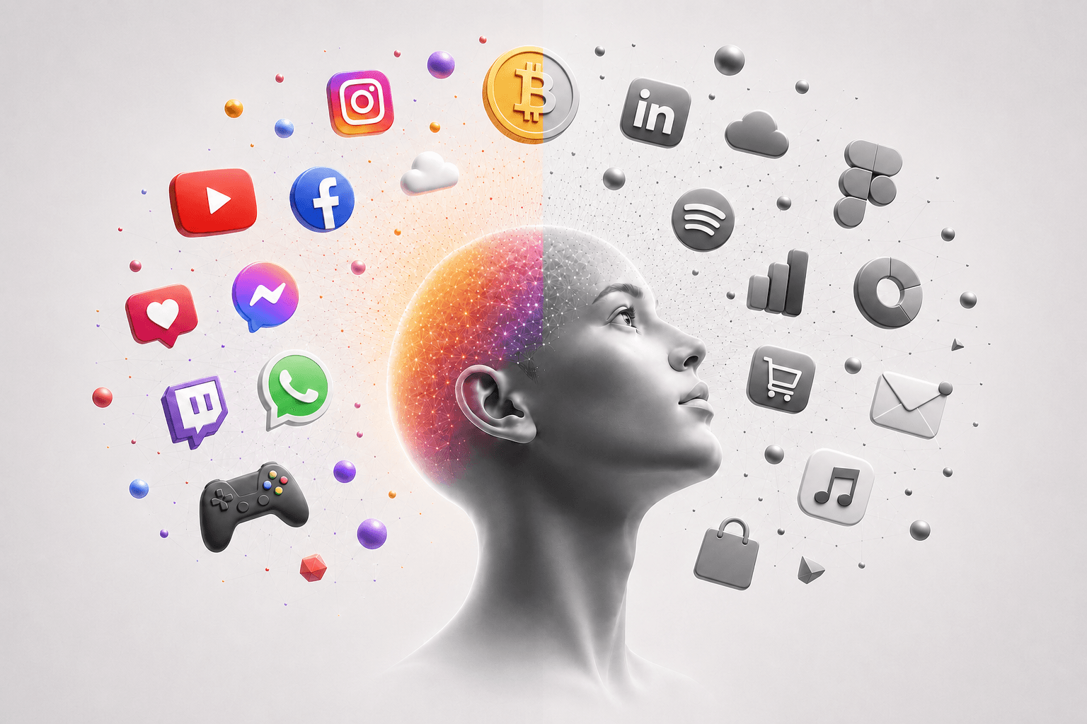 A mind split between play and purpose — colorful social apps on one side, focused tools on the other